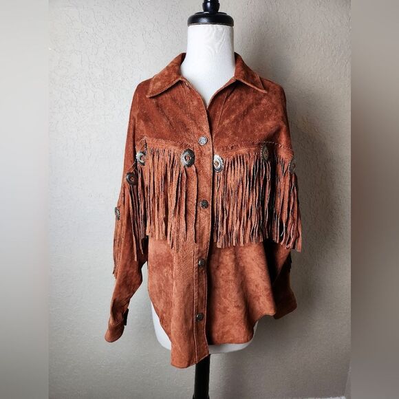 Lew Magram Jackets & Blazers - Lew Magram Vintage Western Fringe Long Sleeve Shirt Jacket Brown Orange Size S